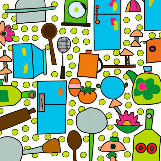 An illustration of a kitchen with colorful ingredients and utensils arranged in a fun pattern.