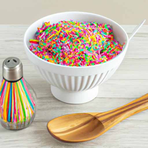 A bowl of colorful candy sprinkles next to a whisk and a wooden spoon.