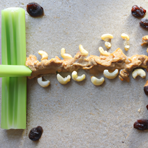 A close-up of celery, peanut butter, and raisins arranged in the shape of an ant trail.