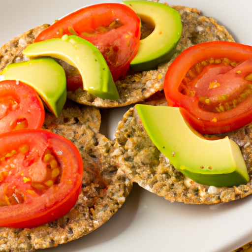 A plate of whole grain crackers topped with slices of avocado and tomatoes.