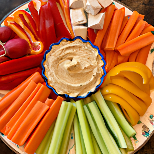 A close-up of a colorful platter of cut vegetables and a dollop of hummus in the center.