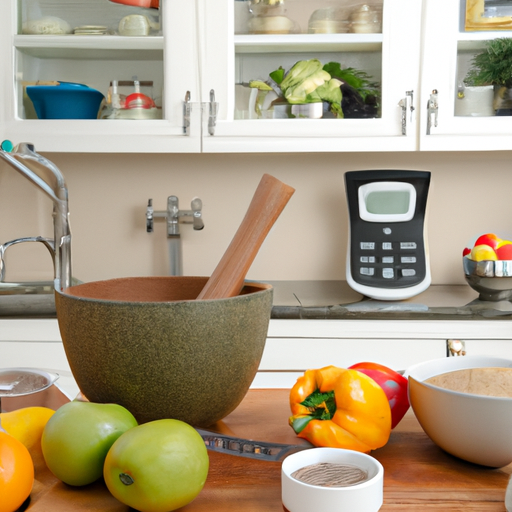 A kitchen with a bowl of fresh fruit and vegetables, measuring cups, and a variety of spices in the background.