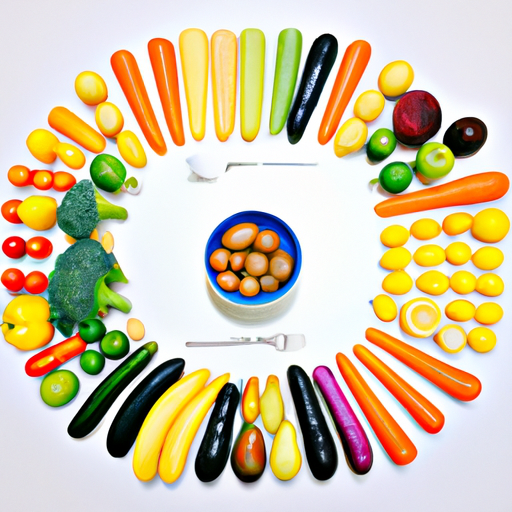 A bowl of colorful vegetables and fruits arranged in a rainbow pattern.