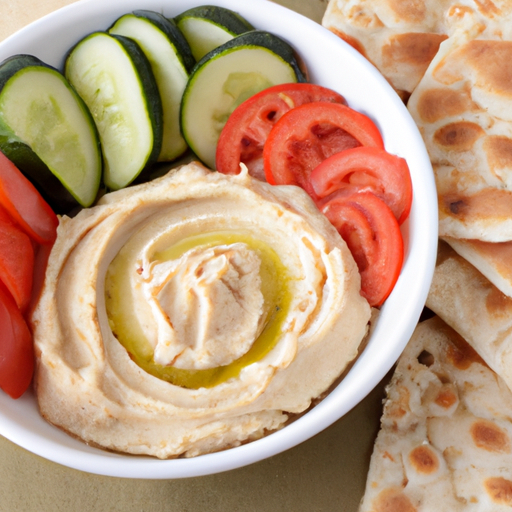 A bowl of pita bread and hummus, garnished with sliced cucumbers and tomatoes.