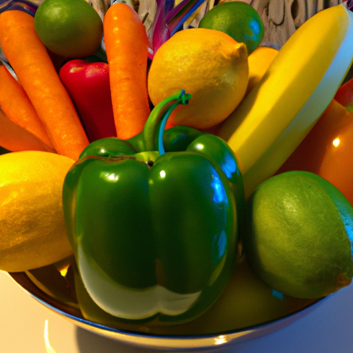 A vibrant, colourful assortment of fresh fruits and vegetables in a bowl.