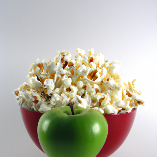 A bowl of popcorn with a red and green apple on either side.