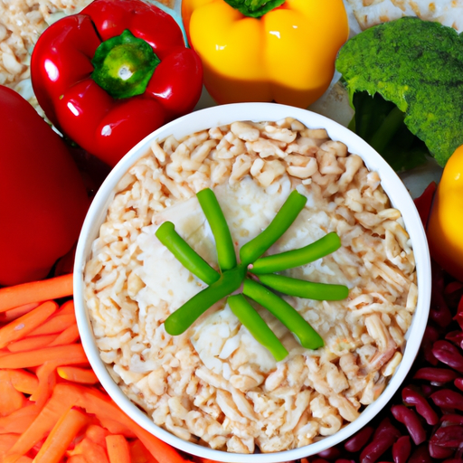 A bowl of colorful, kidney beans and white rice, with a rainbow of fresh vegetables arranged around the edge.