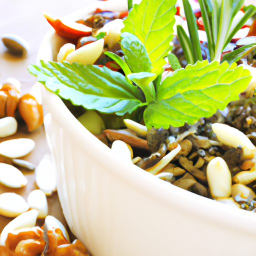 Roasted Nuts & Seeds in a Bowl with a Sprig of Fresh Herbs
