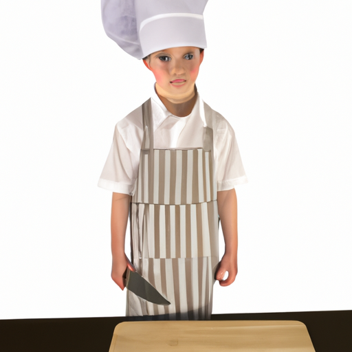 A kitchen scene with a child in a chef's apron and hat holding a kitchen knife and a cutting board.