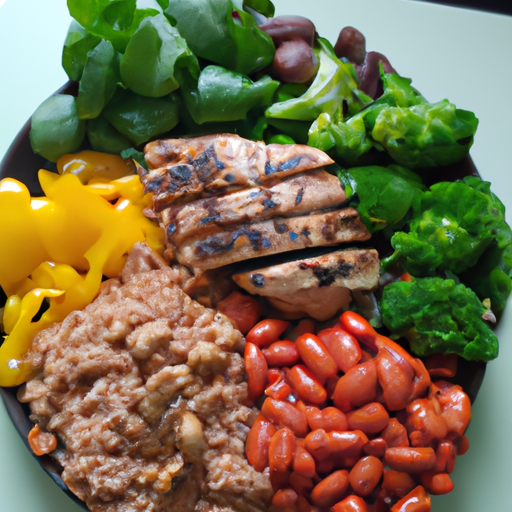 A colorful, healthy dish overflowing with vegetables and lean proteins.