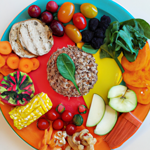 A colorful plate of food with a variety of fruits, vegetables, and grains.