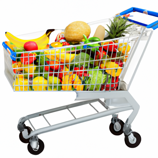A grocery cart overflowing with fruits and vegetables.