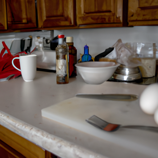 A picture of a kitchen with multiple utensils and ingredients laid out on the counter.