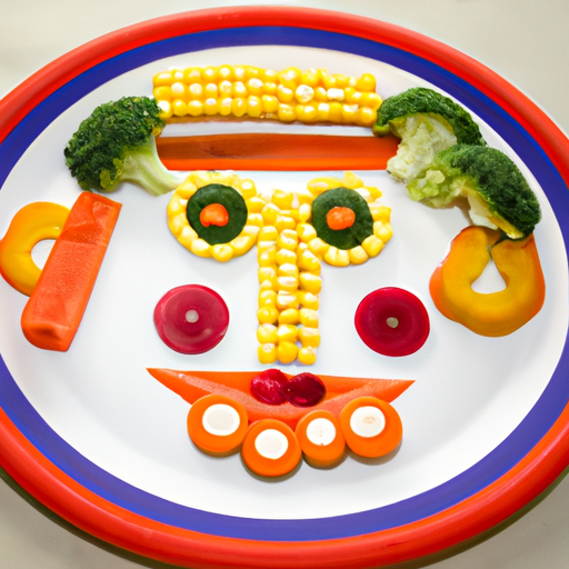 A plate of colorful, healthy vegetables arranged in a fun pattern.