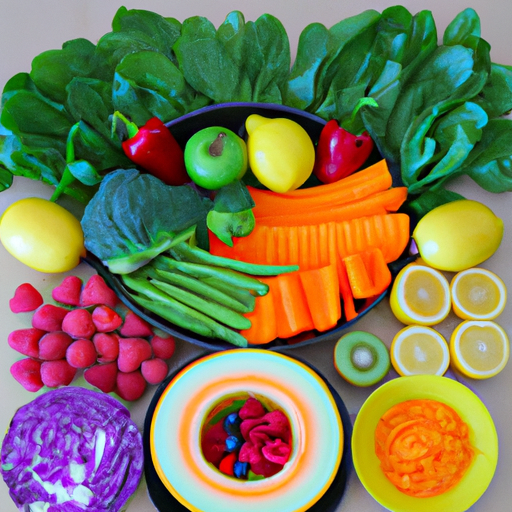 A bowl of colorful fruits and vegetables arranged in a rainbow pattern.