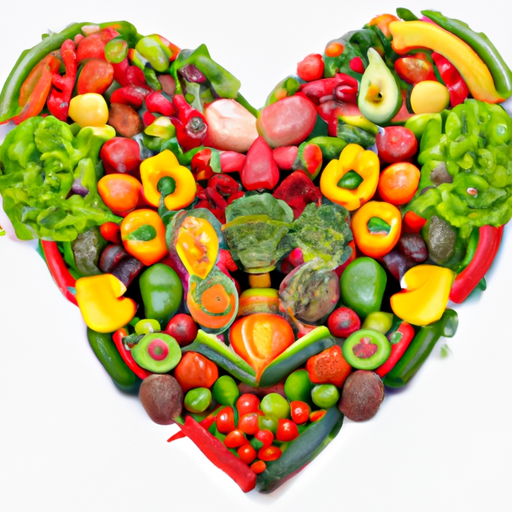 A colorful array of fresh fruits and vegetables arranged in the shape of a heart.