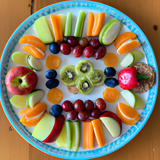 A plate of colorful, healthy snacks arranged in a creative way.