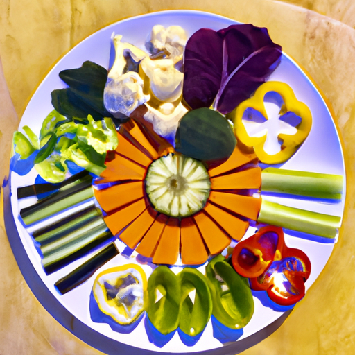 A plate of colorful vegetables arranged in a spiral pattern.