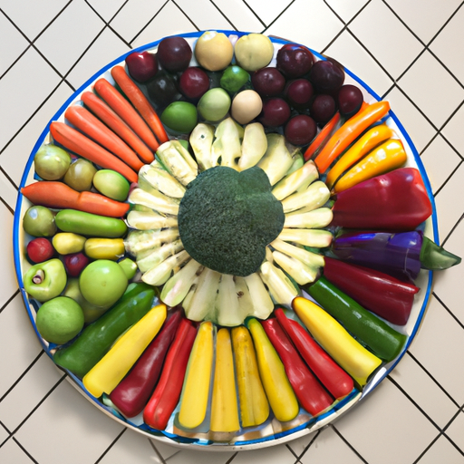 A colorful plate of fresh fruits and vegetables arranged in a circular pattern.