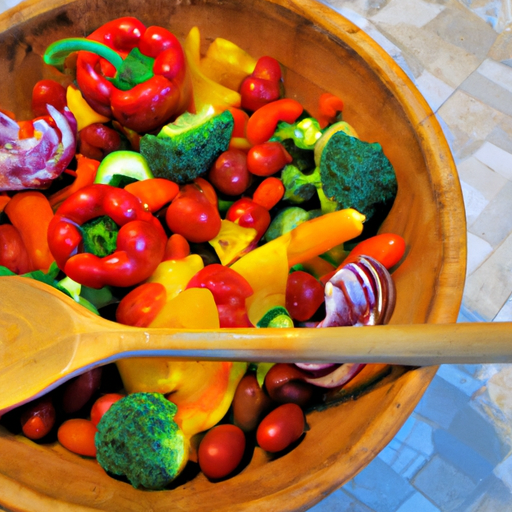 A bowl of bright colorful vegetables with a wooden spoon.