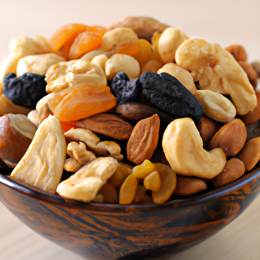 A bowl of assorted nuts and dried fruit.
