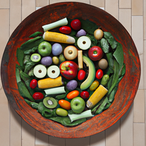 A bowl of colorful fruits and vegetables arranged in a circular pattern.