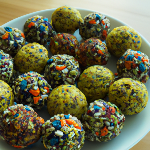 A plate of colorful dried fruit energy balls with nuts and seeds sprinkled on top.
