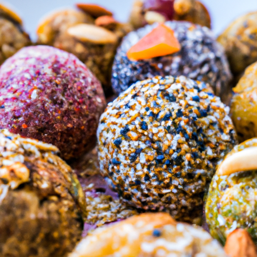 A colorful assortment of energy balls with a sprinkling of nuts.