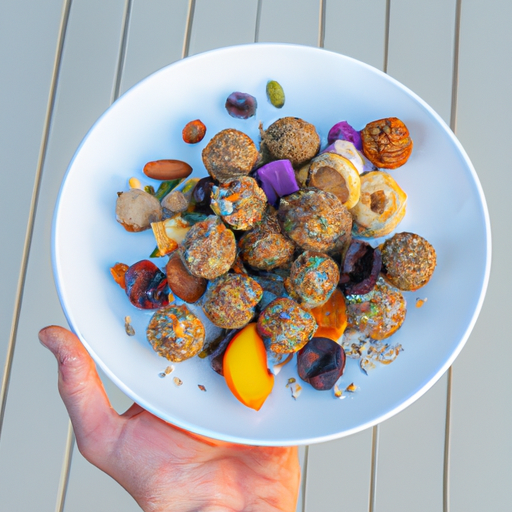 A hand holding a plate of oat-based energy balls with colorful fruits and nuts scattered around it.