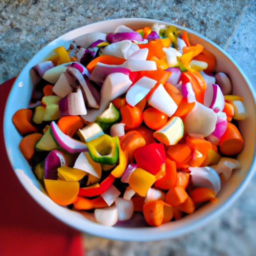 A bowl of colorful vegetables chopped and ready to cook.