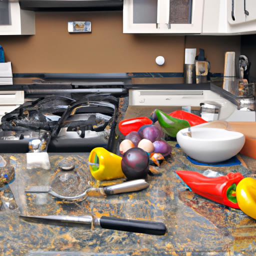 A kitchen countertop filled with ingredients and cooking utensils.