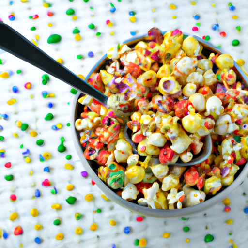 A bowl of colorful popcorn kernels with a spoon in the center.