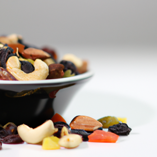 A trail mix bowl overflowing with a variety of nuts, dried fruits, and dark chocolate pieces.