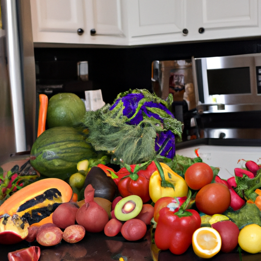 A kitchen countertop overflowing with colorful fruits and vegetables.