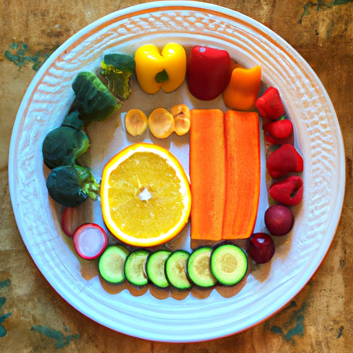 Suggested Prompt: A colorful plate of vegetables and fruits arranged in a rainbow pattern.