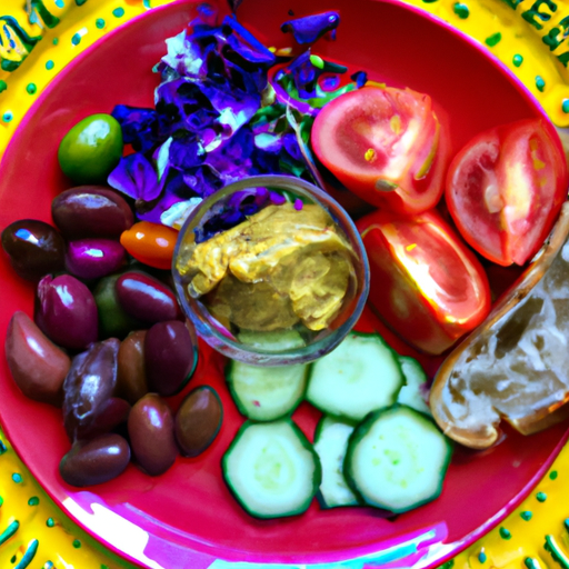 Suggested Prompt: A fresh and vibrant plate of Mediterranean food with vibrant colors of fruits and vegetables.