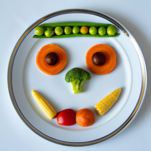 A colorful plate of vegetables arranged into a smiling face.