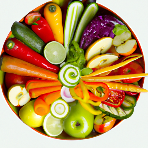 A bowl of colorful fruits and vegetables arranged in a spiral pattern.