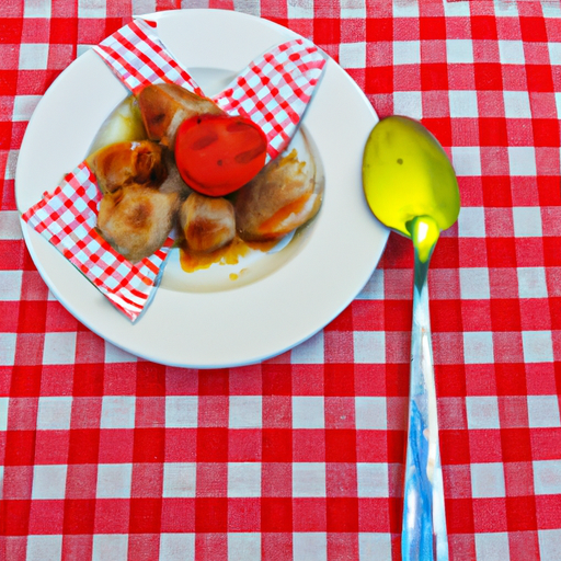 A plate of food with fork and spoon, placed in a red-and-white checkered napkin.