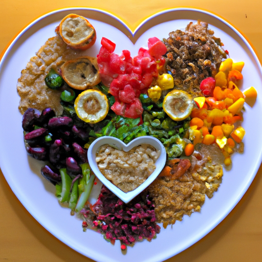 Suggested Prompt: A colorful plate of Mediterranean food with a heart-shaped arrangement of vegetables, fruits, and grains.