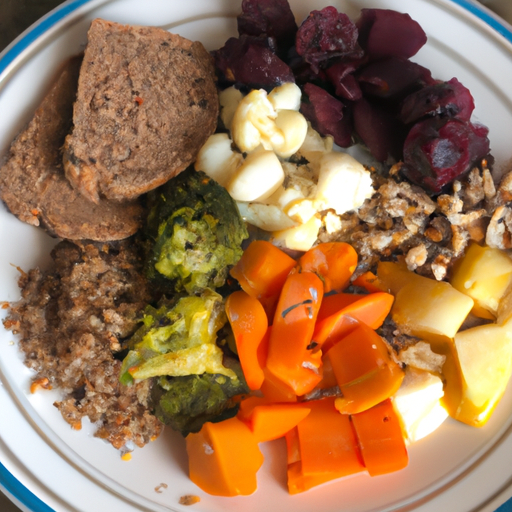 A balanced plate of fruits, vegetables, proteins, and grains.