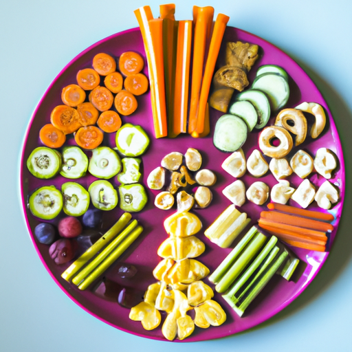 A colorful plate with a variety of healthy snacks arranged in a rainbow pattern.