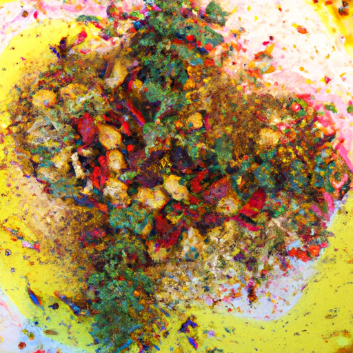 A colorful plate of food, with fresh herbs and spices sprinkled on top.