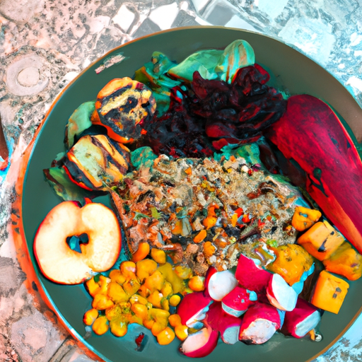 A colorful plate of vegetarian food with a variety of vegetables, fruits, and grains.