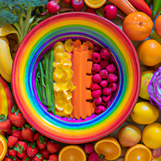A bowl of colorful fruits and vegetables, arranged in a rainbow pattern.