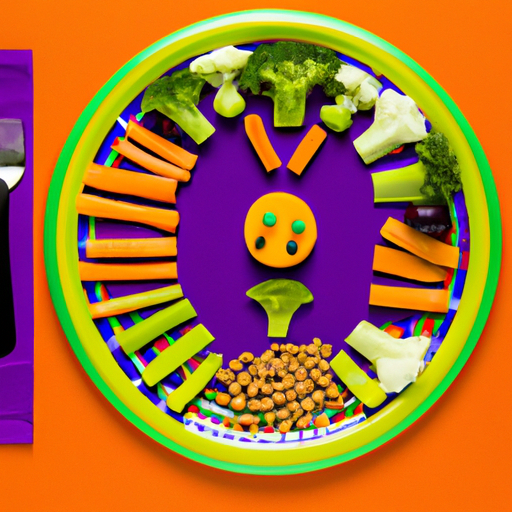 A colorful plate of healthy food items arranged in a fun pattern.