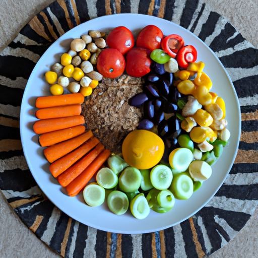 A plate of colorful vegetables, fruits, and grains arranged in a circle.