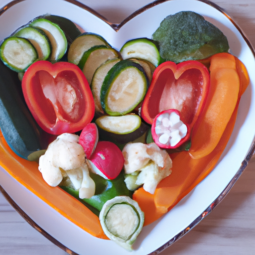 A plate of colorful vegetables in the shape of a heart.