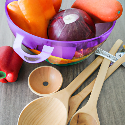 A bowl of colorful vegetables and fruits with a wooden spoon and measuring cups.