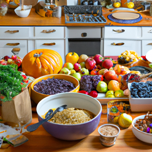 A large kitchen table overflowing with colorful fruits, vegetables, and grains.